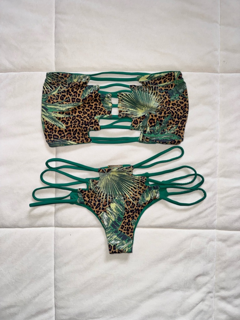 Green Tropical Leopard Cutout Bikini Set / Reversible